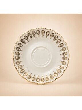 Royal Vale Ridgway 1950s H469 Grey Gold Medallion Bone China Saucer, 5.5”